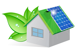 Icon of a house with solar panels and a green leafy plant.
