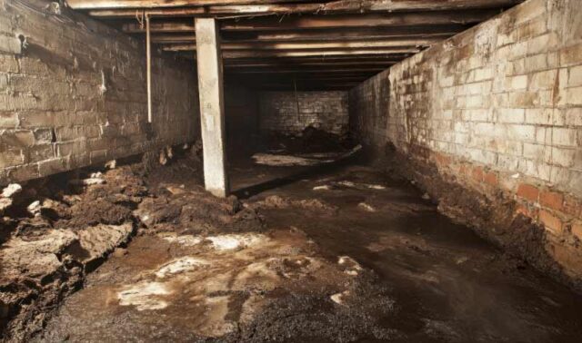 A dim damp crawl space with dirty walls featuring either brick or concrete surfaces