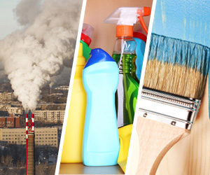 Photo collage of pollution, bottles of cleaners, and a paint brush.