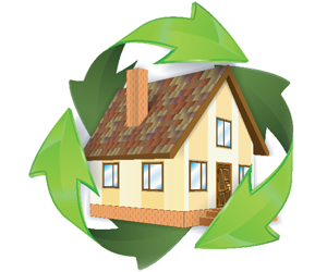 Home icon with green recycling arrows.