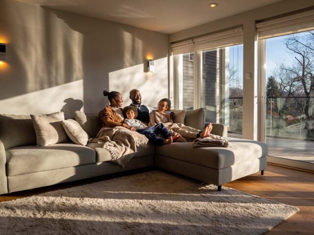 A family relaxing together on a sectional sofa in a cozy living room, wrapped in blankets with warm sunlight streaming through large windows on a winter afternoon.