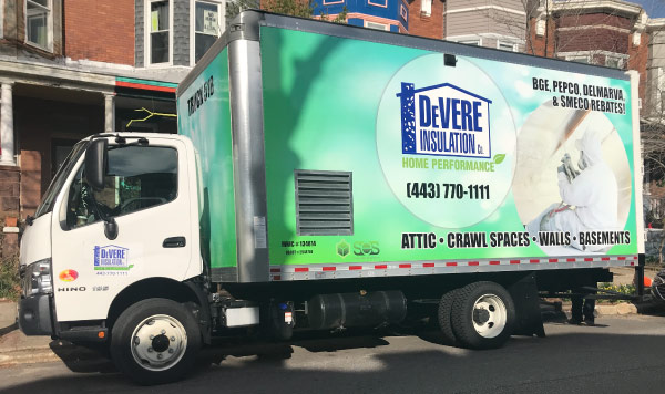 DeVere Spray Foam Truck parked in a neighborhood.