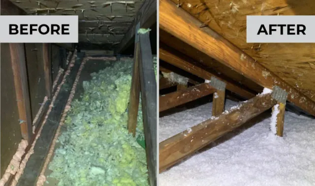 Blown-in attic insulation by DeVere Home Performance - side-by-side of before and after work.