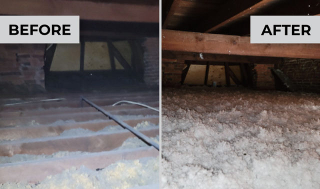Comparison of blown-in attic insulation before and after renewal by DeVere Home Performance.