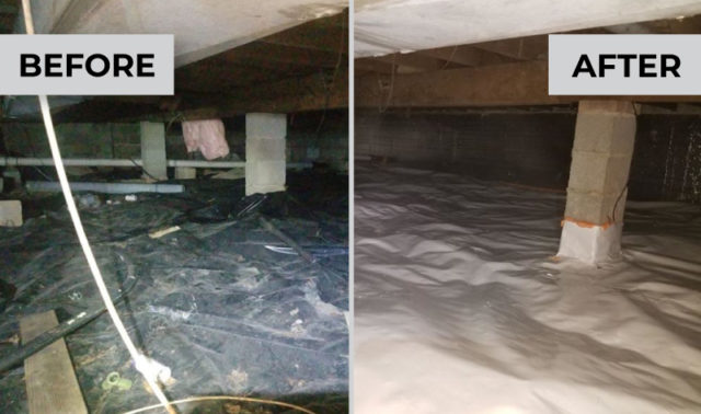 Side-by-side comparison of a residential crawl space before and after renovation by DeVere Home Performance.