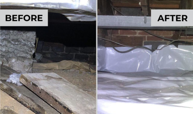 Side-by-side comparison of a residential crawl space before and after renovation including vapor barrier by DeVere Home Performance.