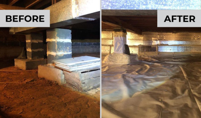 Side-by-side comparison of a residential crawl space before and after insulation and encapsulation by DeVere Home Performance.