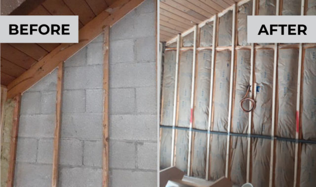 Side-by-side comparison of a residential concrete wall before and after insulation by DeVere Home Performance.