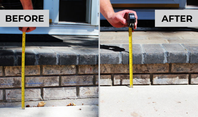 Measuring distance of a brick step before and after concrete raising by DeVere Home Performance.