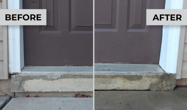 Comparing gap in doorframe to step below it, before and after concrete raising by DeVere Home Performance.