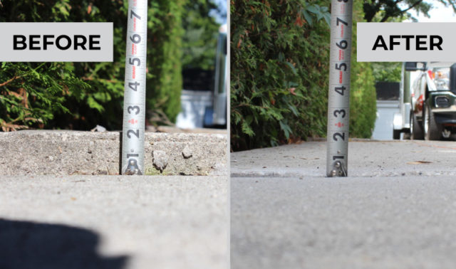 Measuring height of uneven sidewalk before and after concrete raising by DeVere Home Performance.