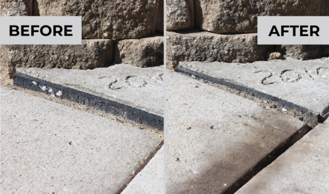 Side-by-side comparison of uneven sidewalk segments before and after concrete raising by DeVere Home Performance.