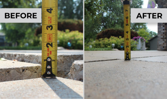 Side-by-side comparison measuring height of uneven patio blocks space before and after concrete raising by DeVere Home Performance.