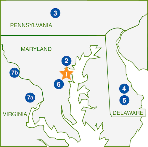 Stylized map of northern Virginia, Maryland, Delaware, and southern Pennsylvania with markers for DeVere Home Performance and its sister company locations.