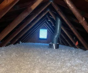 Uniform layer of loose‑fill cellulose insulation blanketing an attic floor with truss framing overhead.