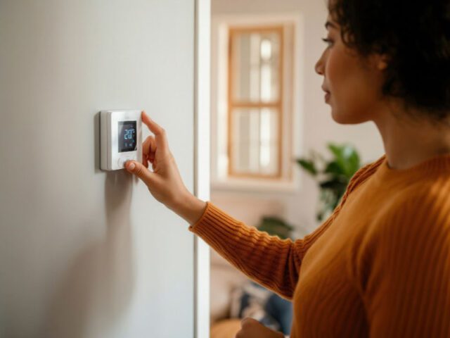 Homeowner adjusting a smart thermostat on the wall to improve energy efficiency during winter.