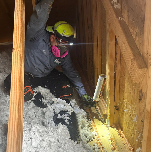 Professional technician air sealing in attic 